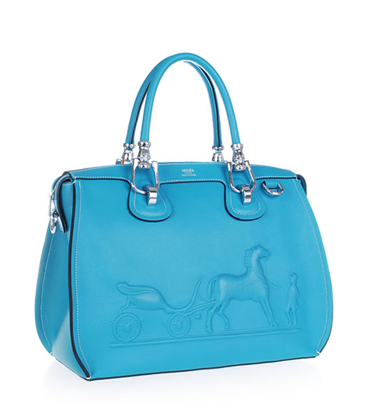 Hermes Horse-drawn Carriage Blue Plain Veins Bag Silver Metal-1