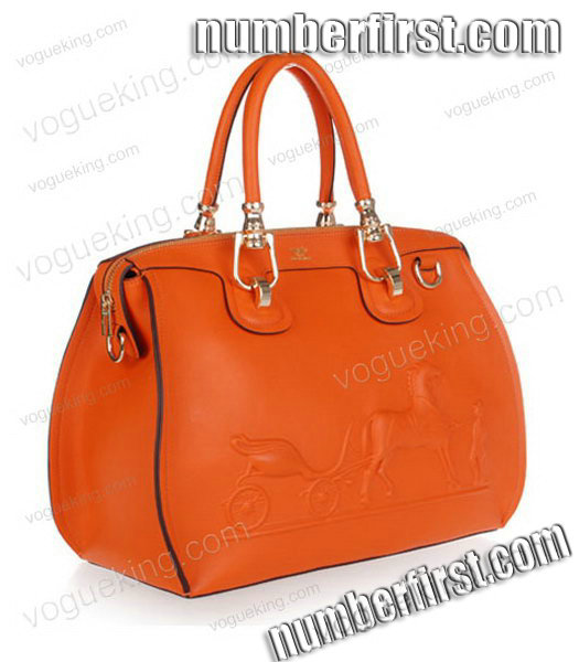 Hermes Horse-drawn Carriage Orange Plain Veins Bag Golden Metal-1
