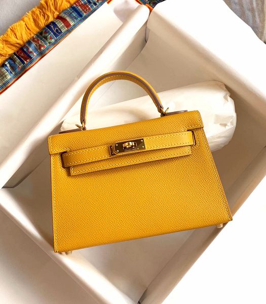 Hermes Kelly 19cm Bag Amber Yellow Imported Palm Veins Leather Golden Metal