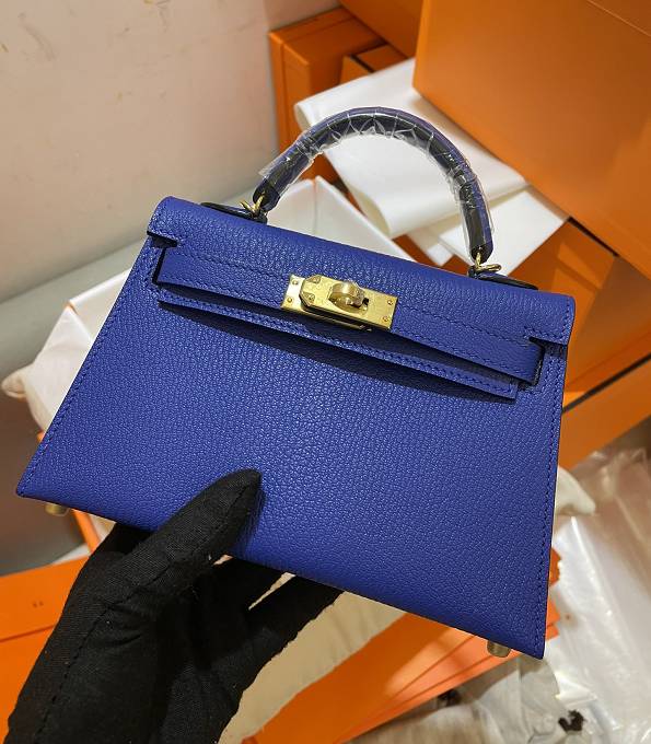 Hermes Kelly 19cm Bag Electric Blue Original Chevre Lambskin Leather Golden Metal