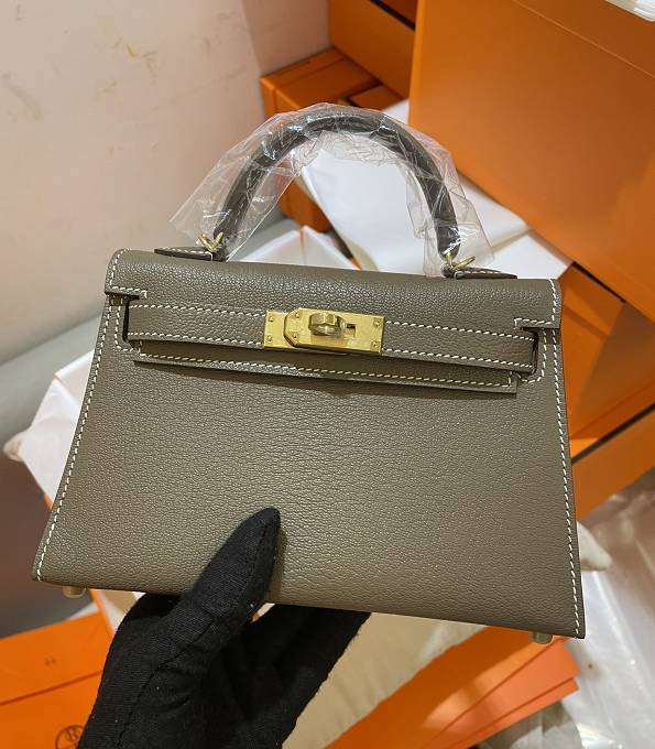 Hermes Kelly 19cm Bag Grey Original Chevre Lambskin Leather Golden Metal