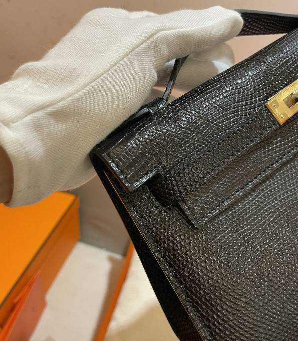 Hermes Kelly 22cm Bag Black Original Lizard Veins Leather Golden Metal-1