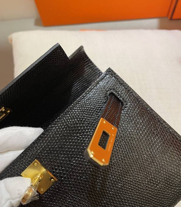 Hermes Kelly 22cm Bag Black Original Lizard Veins Leather Golden Metal-5
