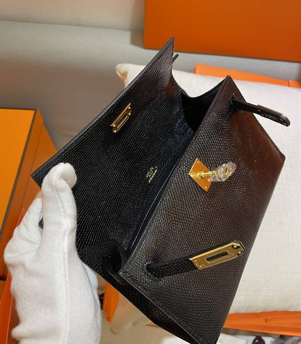 Hermes Kelly 22cm Bag Black Original Lizard Veins Leather Golden Metal-8