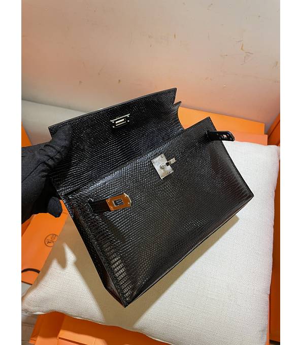 Hermes Kelly 22cm Bag Black Real Lizard Leather Silver Metal-5