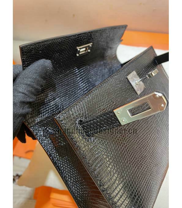 Hermes Kelly 22cm Bag Black Real Lizard Leather Silver Metal-6