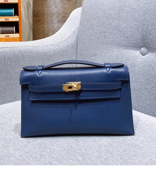 Hermes Kelly 22cm Bag Blue Imported Swift Leather Golden Metal