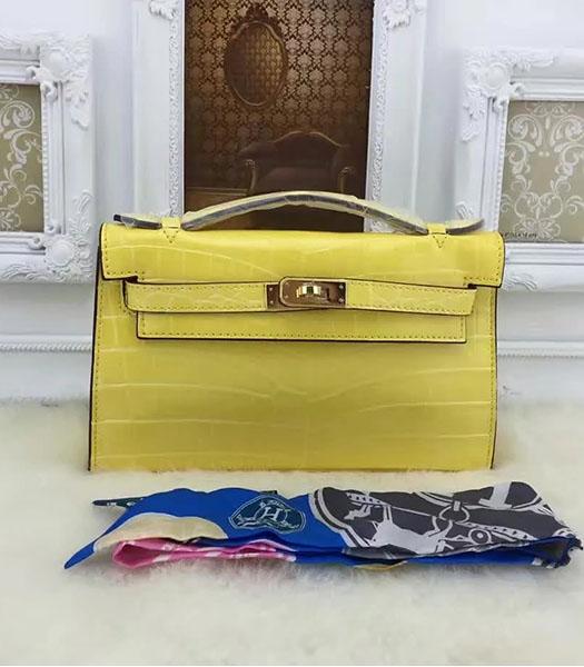 Hermes Kelly 22cm Croc Veins Lemon Yellow Leather Tote Bag Golden Metal