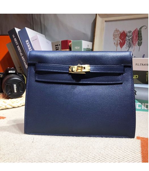 Hermes Kelly 22cm DanSe Dark Blue Imported Swift Leather Golden Metal Handbag
