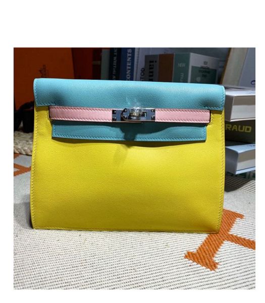 Hermes Kelly 22cm DanSe Lemon Yellow/Lake Blue Imported Swift Leather Silver Metal Handbag