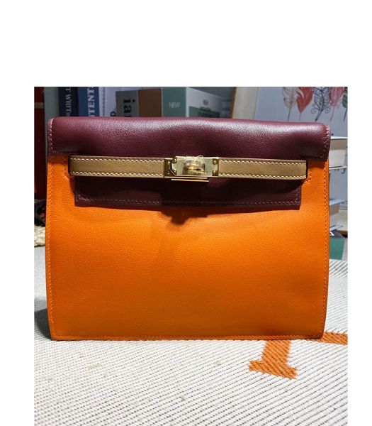 Hermes Kelly 22cm DanSe Orange/Wine Red Imported Swift Leather Golden Metal Handbag