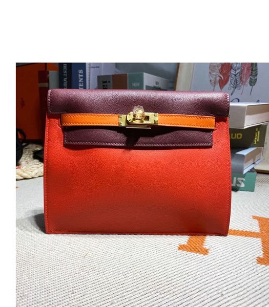 Hermes Kelly 22cm DanSe Red/Wine Red Imported Swift Leather Golden Metal Handbag