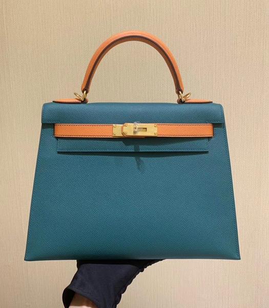 Hermes Kelly 25cm Bag Blue/Orange Imported Epsom Leather Golden Metal