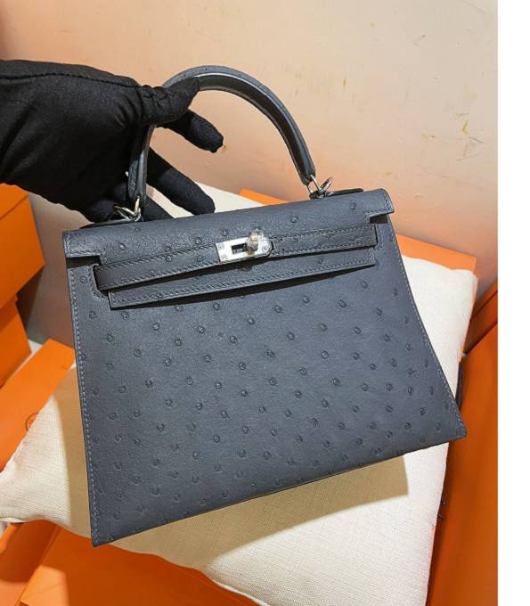 Hermes Kelly 25cm Bag Etain Grey Real Ostrich Leather Silver Metal