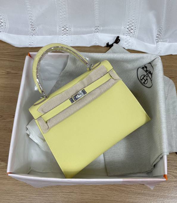 Hermes Kelly 25cm Bag Jaune Poussin Yellow Original Epsom Real Leather Silver Metal