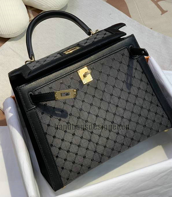 Hermes Kelly 25cm Bag Weave Canvas With Black Original Box Leather Golden Metal-4