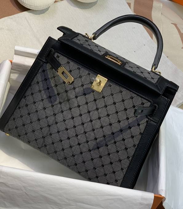 Hermes Kelly 25cm Bag Weave Canvas With Black Original Box Leather Golden Metal-5