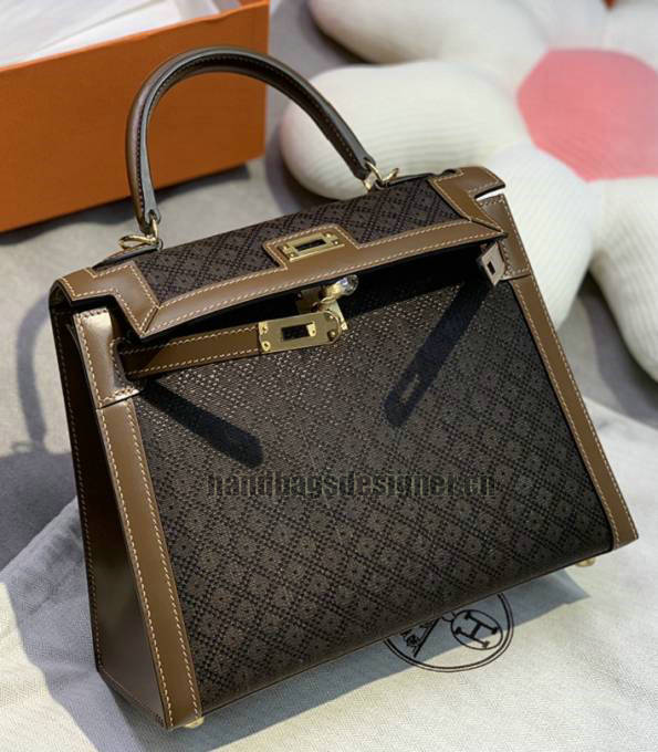 Hermes Kelly 25cm Bag Weave Canvas With Coffee Original Box Leather Golden Metal-3