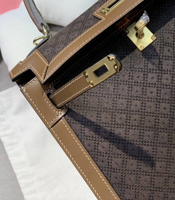 Hermes Kelly 25cm Bag Weave Canvas With Coffee Original Box Leather Golden Metal-7