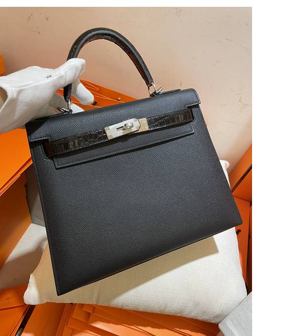 Hermes Kelly 28cm Bag Black Real Croc Leather With Epsom Leather Silver Metal