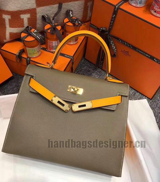 Hermes Kelly 28cm Elephant Grey/Yellow Imported Lambskin Leather Bag Golden Metal-4