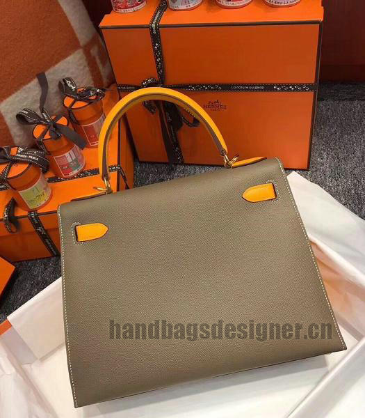 Hermes Kelly 28cm Elephant Grey/Yellow Imported Lambskin Leather Bag Golden Metal-6