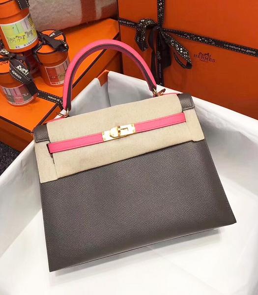 Hermes Kelly 28cm Grey/Pink Imported Lambskin Leather Bag Golden Metal