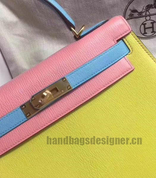 Hermes Kelly 28cm Yellow/Pink Imported Lambskin Leather Bag Golden Metal-1