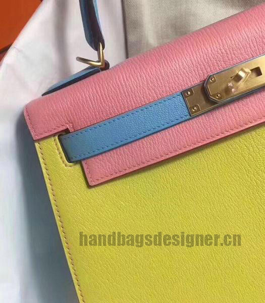 Hermes Kelly 28cm Yellow/Pink Imported Lambskin Leather Bag Golden Metal-3