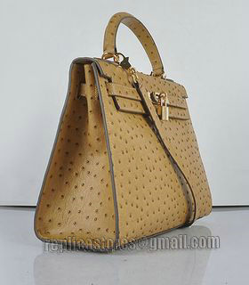 Hermes Kelly 32cm Apricot Ostrich Veins Leather Bag with Golden Metal-1