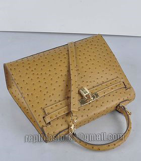 Hermes Kelly 32cm Apricot Ostrich Veins Leather Bag with Golden Metal-4