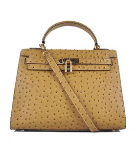 Hermes Kelly 32cm Apricot Ostrich Veins Leather Bag with Golden Metal