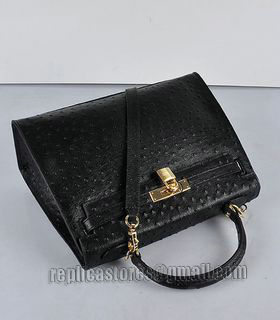 Hermes Kelly 32cm Black Ostrich Veins Leather Bag with Golden Metal-4