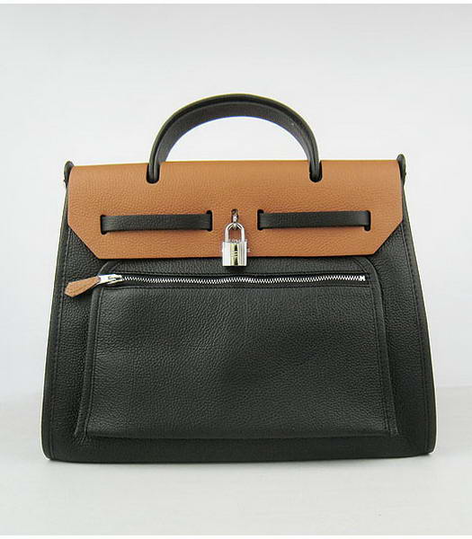 Hermes Kelly 32cm Black with Light Coffee Leather Silver Lock -1
