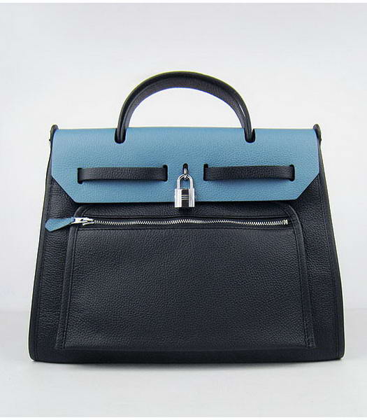 Hermes Kelly 32cm Black with Middle Blue Leather Silver Lock -1
