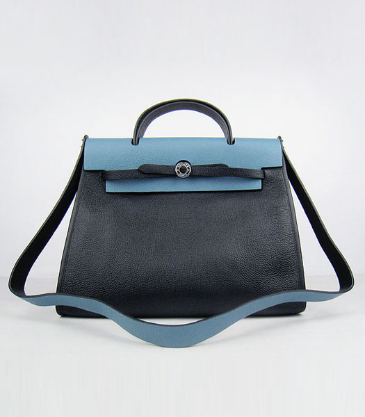 Hermes Kelly 32cm Black with Middle Blue Leather Silver Lock 