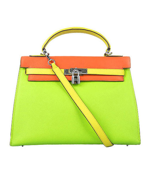Hermes Kelly 32cm Green/Orange/Yellow Palm Print Leather Bag with Silver Metal