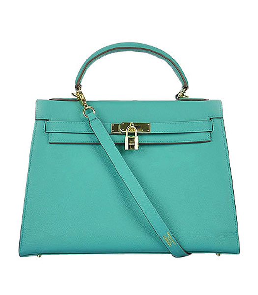 Hermes Kelly 32cm Lake Green Palm Print Leather Bag with Golden Metal