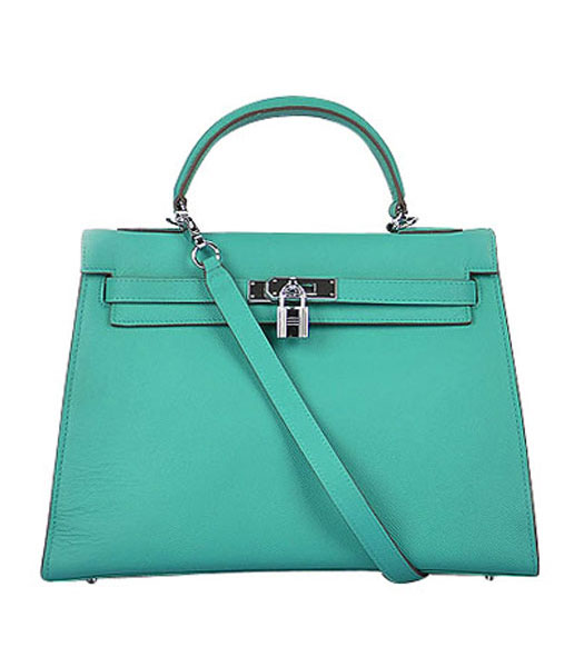 Hermes Kelly 32cm Lake Green Palm Print Leather Bag with Silver Metal