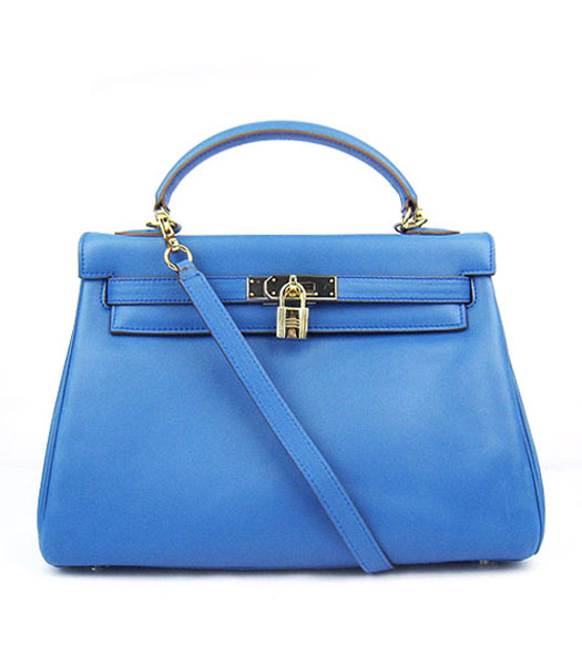 Hermes Kelly 32cm Middle Blue Plain Veins Bag with Golden Metal