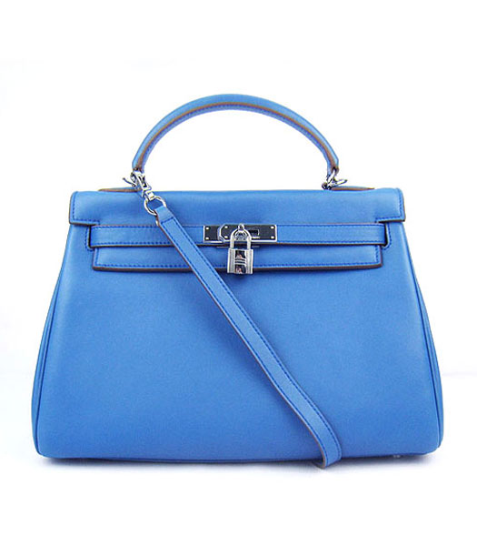 Hermes Kelly 32cm Middle Blue Plain Veins Bag with Silver Metal
