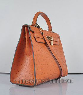 Hermes Kelly 32cm Orange Ostrich Veins Leather Bag with Golden Metal-1