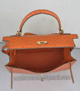 Hermes Kelly 32cm Orange Ostrich Veins Leather Bag with Golden Metal-5