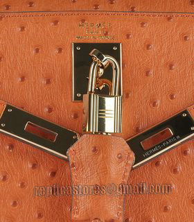 Hermes Kelly 32cm Orange Ostrich Veins Leather Bag with Golden Metal-6