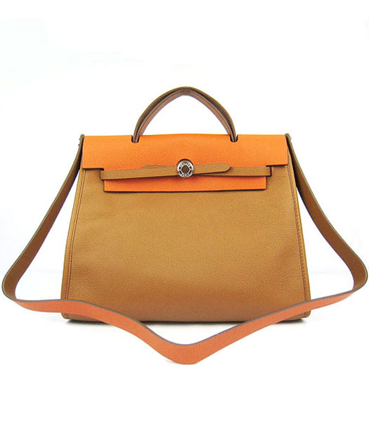 Hermes Kelly 32cm Orange with Light Coffee Leather Silver Metal