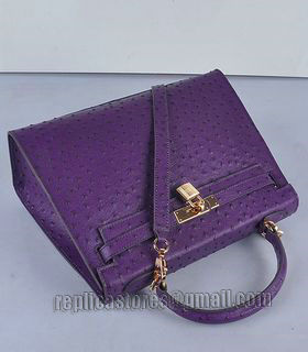 Hermes Kelly 32cm Purple Ostrich Veins Leather Bag with Golden Metal-4