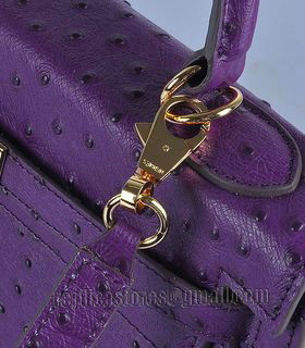 Hermes Kelly 32cm Purple Ostrich Veins Leather Bag with Golden Metal-6