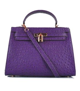 Hermes Kelly 32cm Purple Ostrich Veins Leather Bag with Golden Metal