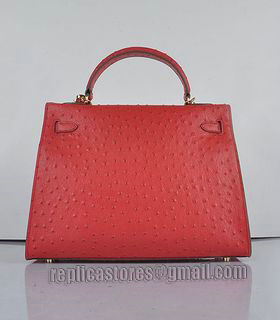 Hermes Kelly 32cm Red Ostrich Veins Leather Bag with Golden Metal-2