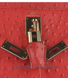 Hermes Kelly 32cm Red Ostrich Veins Leather Bag with Golden Metal-6